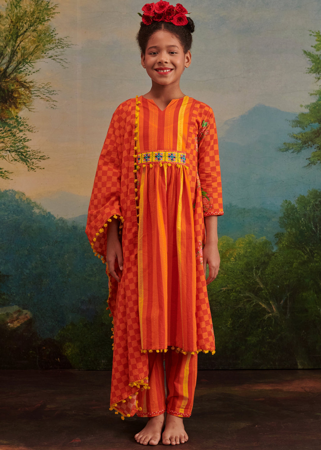 Orange Cotton Printed Kurta With Palazzo Pant Set