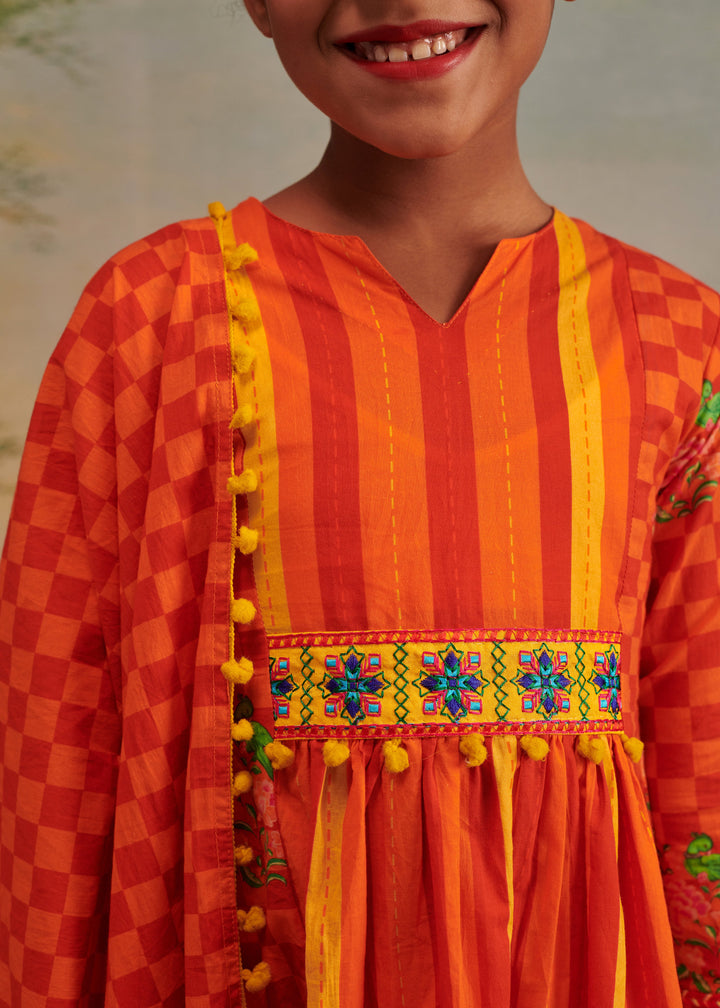 Orange Cotton Printed Kurta With Palazzo Pant Set
