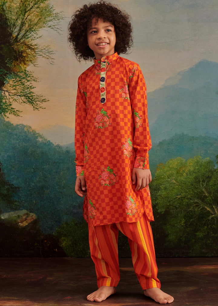 Orange Cotton Parrot Printed Kurta With Salwar Set