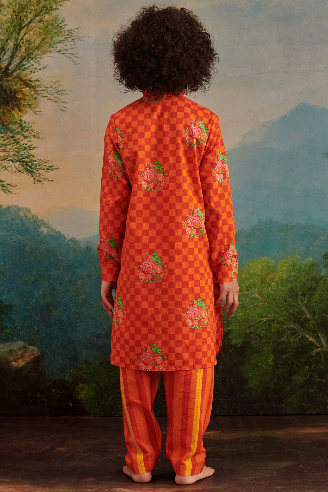 Orange Cotton Parrot Printed Kurta With Salwar Set