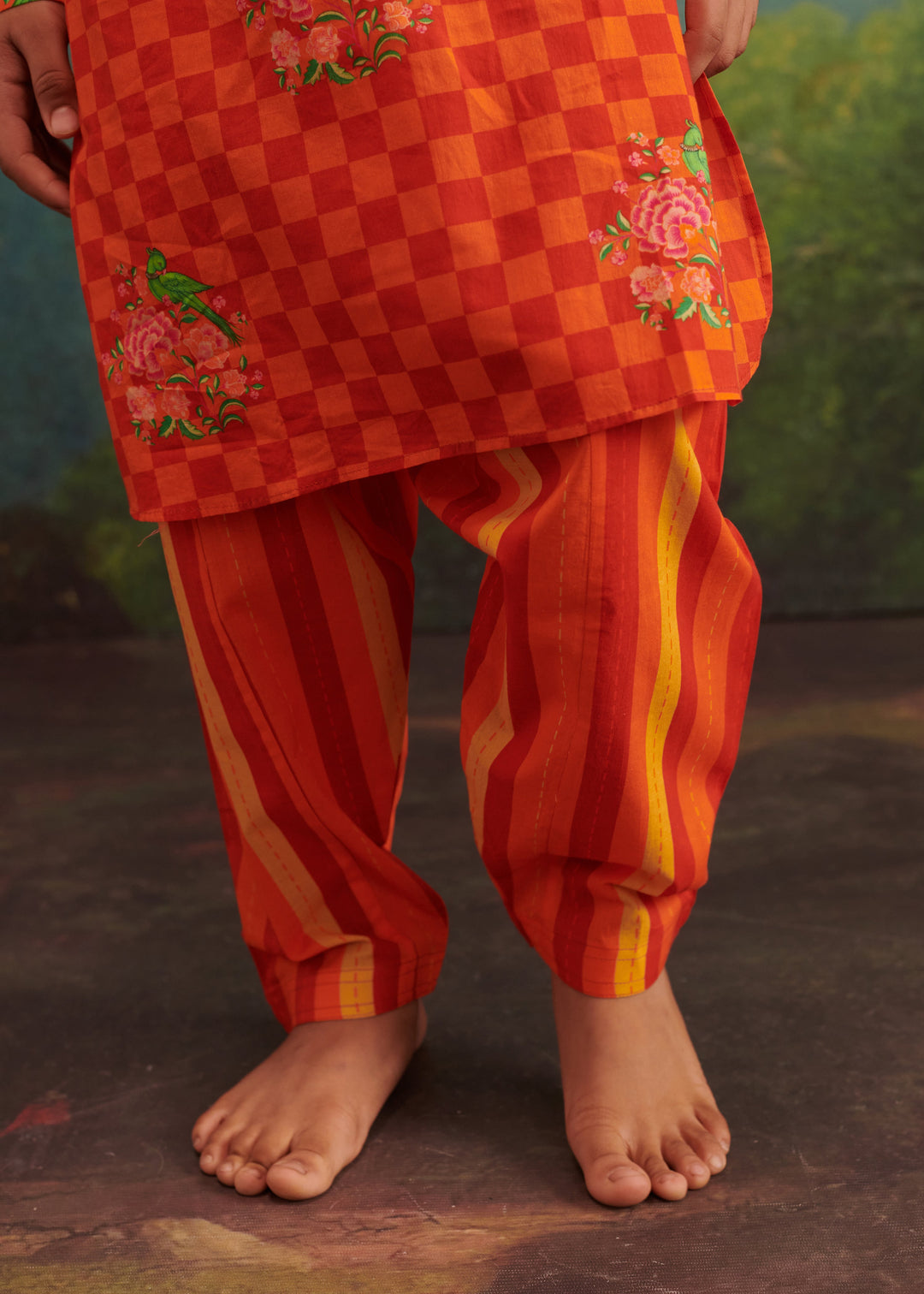 Orange Cotton Parrot Printed Kurta With Salwar Set