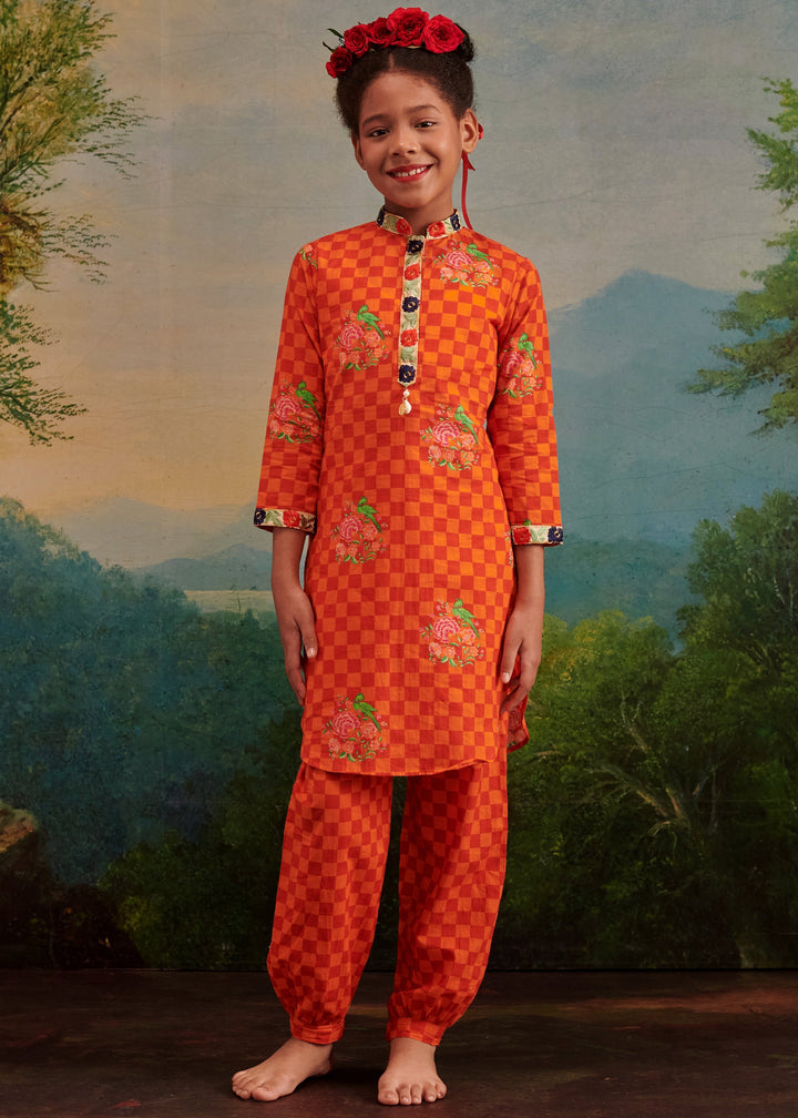Orange Printed Hand Embroidery Kurta With Afghan Style Pant Set