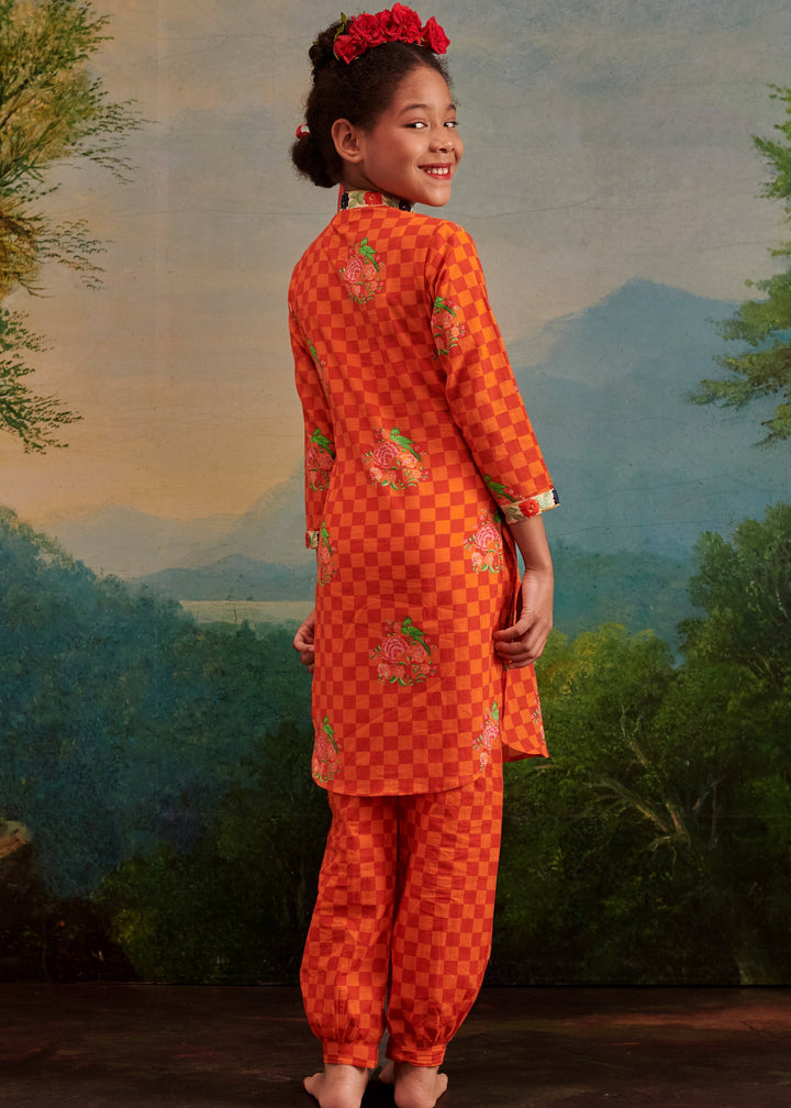 Orange Printed Hand Embroidery Kurta With Afghan Style Pant Set