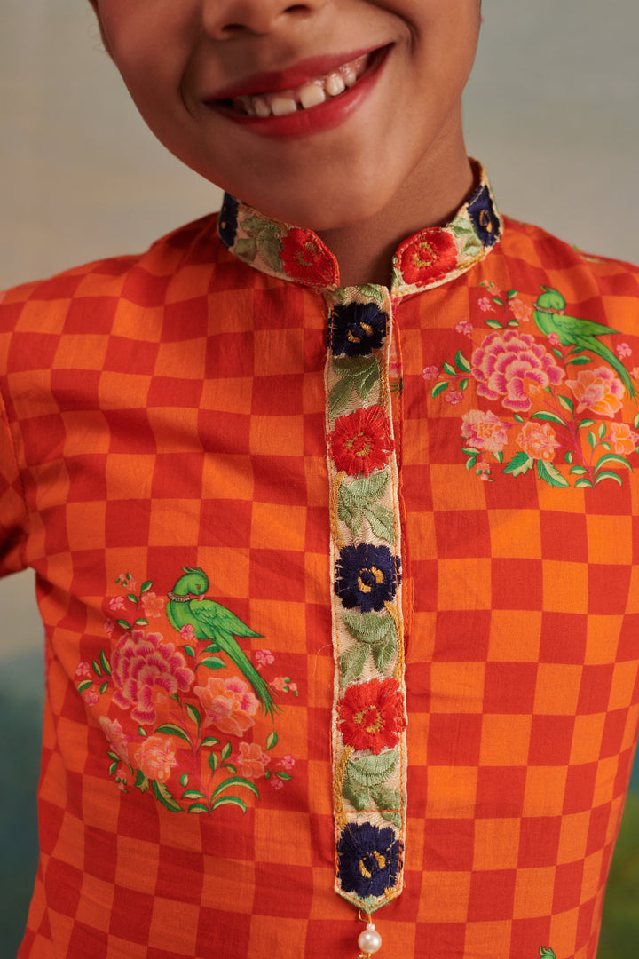 Orange Printed Hand Embroidery Kurta With Afghan Style Pant Set