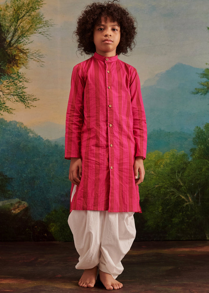 Hot Pink Cotton Strips Printed Kurta With Dhoti Set
