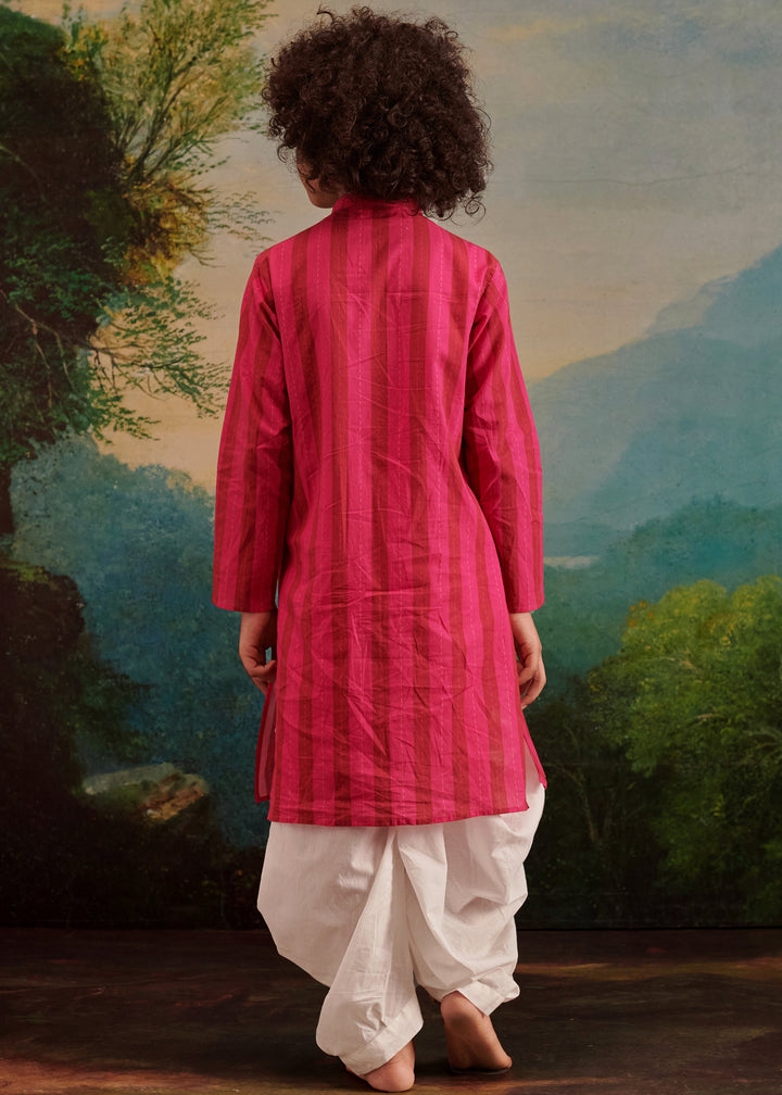 Hot Pink Cotton Strips Printed Kurta With Dhoti Set