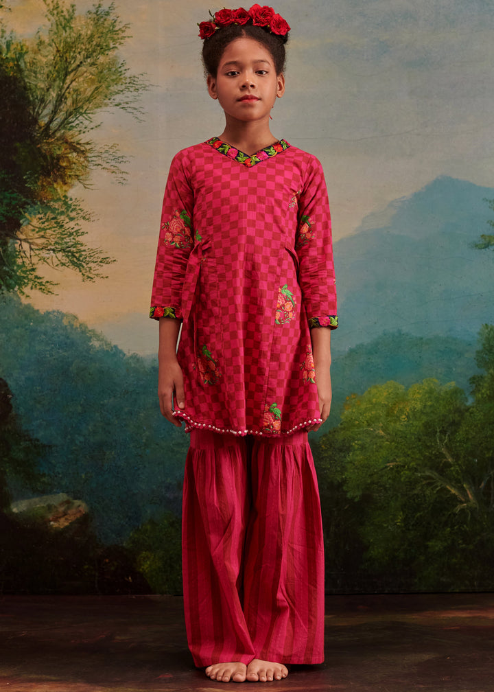Hot Pink Cotton Check Printed Top With Flared Sharara Set