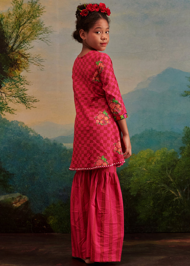 Hot Pink Cotton Check Printed Top With Flared Sharara Set