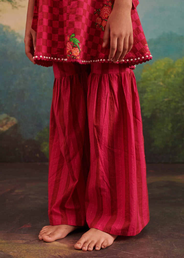 Hot Pink Cotton Check Printed Top With Flared Sharara Set
