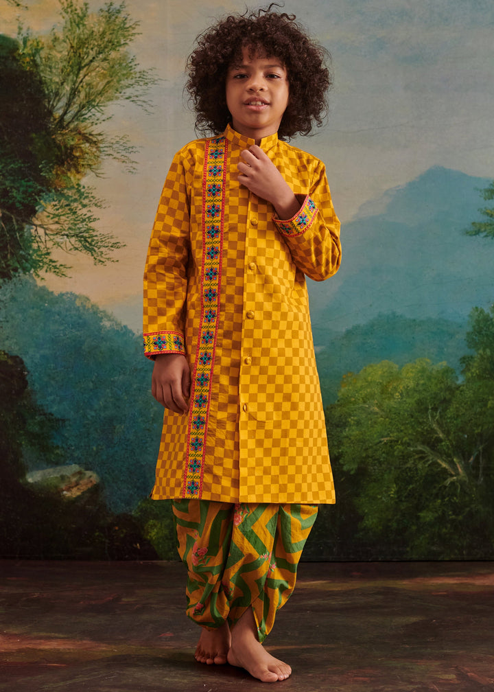 Yellow Cotton Chevron Printed Kurta With Dhoti Set