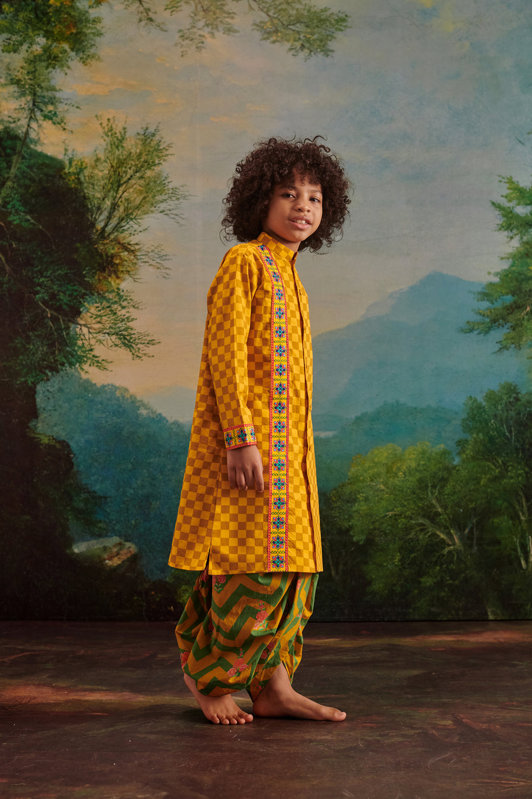 Yellow Cotton Chevron Printed Kurta With Dhoti Set