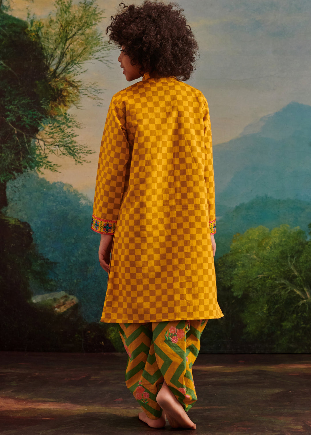 Yellow Cotton Chevron Printed Kurta With Dhoti Set