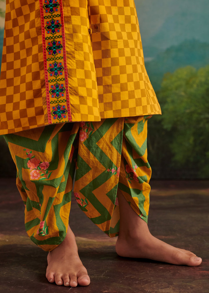 Yellow Cotton Chevron Printed Kurta With Dhoti Set