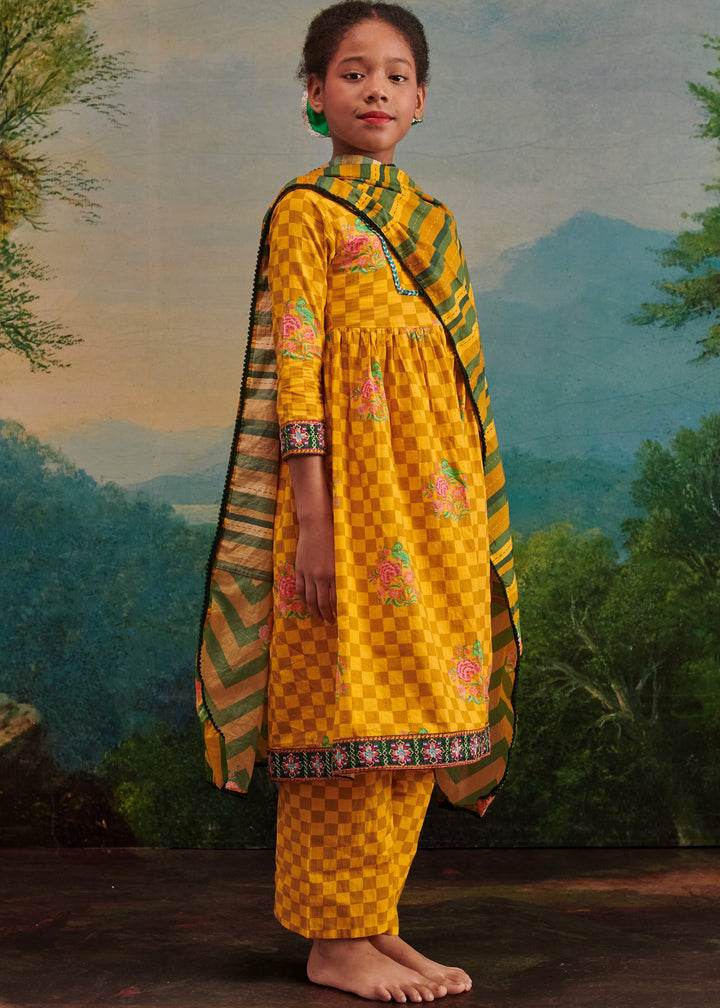 Yellow Checks Printed Front Open A Line Kurta Palazzo With Dupatta Set