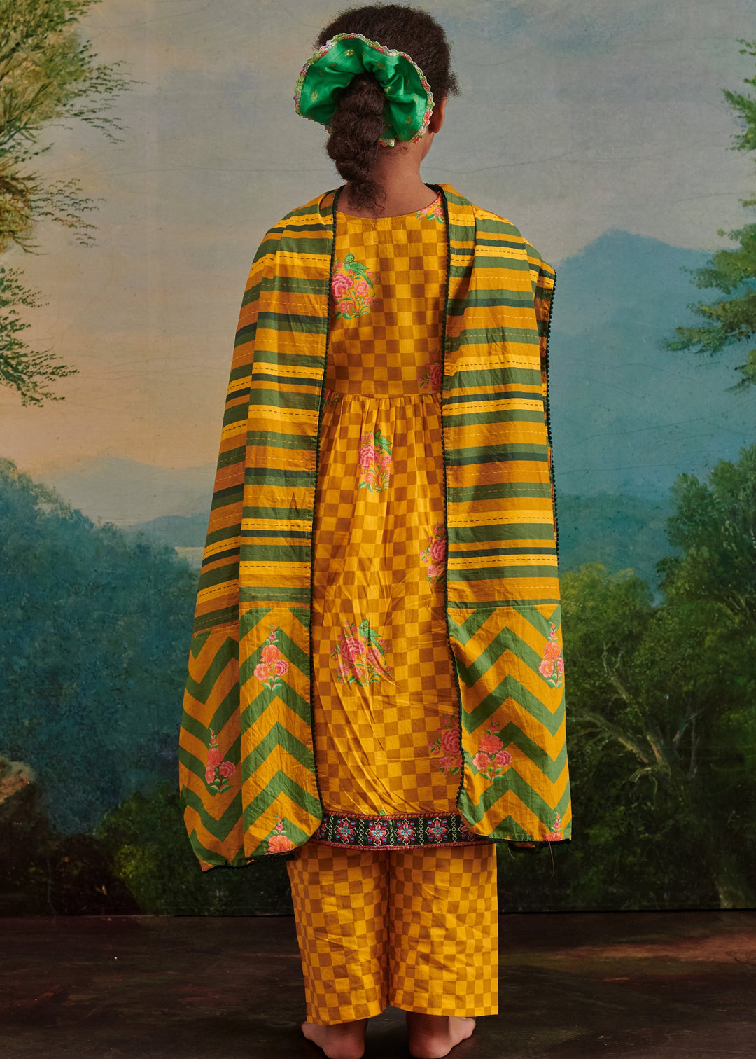 Yellow Checks Printed Front Open A Line Kurta Palazzo With Dupatta Set