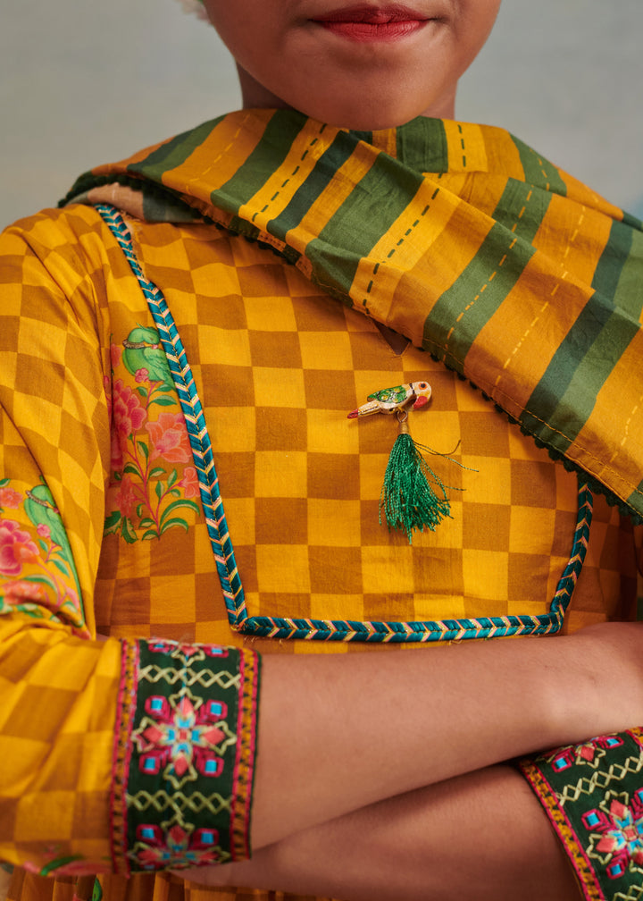 Yellow Checks Printed Front Open A Line Kurta Palazzo With Dupatta Set