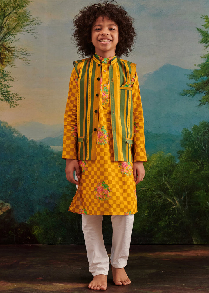 Green Cotton Stripes Printed Jacket And Yellow Floral Check Kurta With Pyjama Set