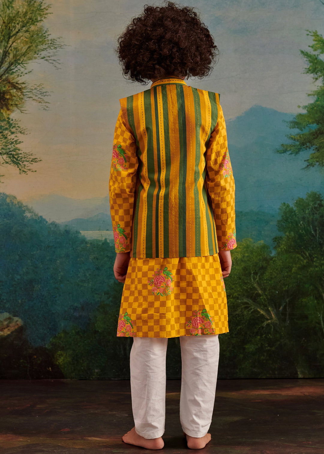 Green Cotton Stripes Printed Jacket And Yellow Floral Check Kurta With Pyjama Set