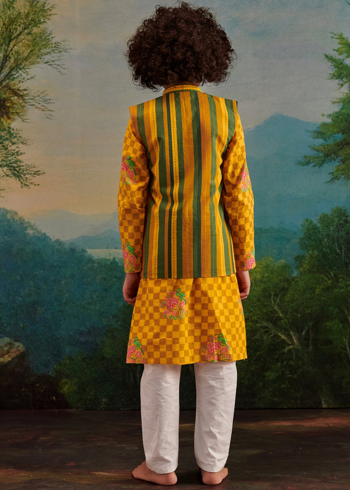 Green Cotton Stripes Printed Jacket And Yellow Floral Check Kurta With Pyjama Set