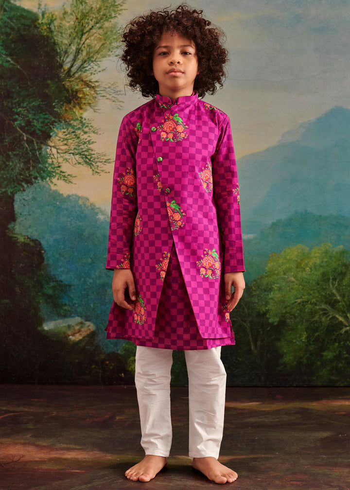 Purple Floral Check Parrot Printed Kurta Jacket With Pyjama Set