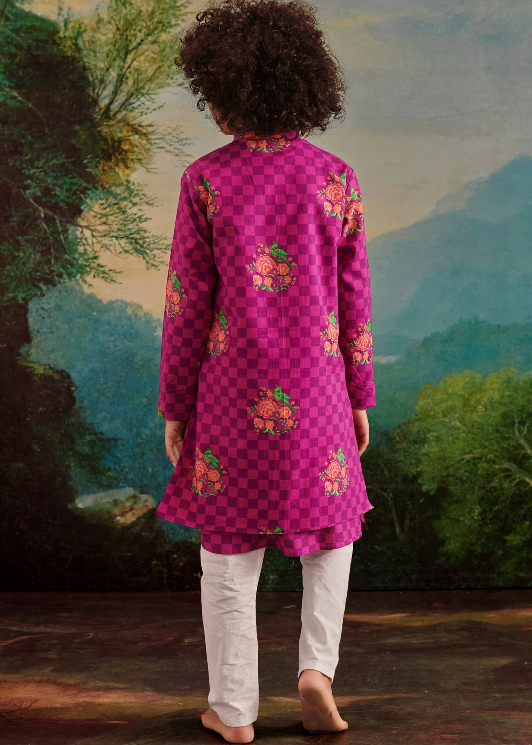 Purple Floral Check Parrot Printed Kurta Jacket With Pyjama Set