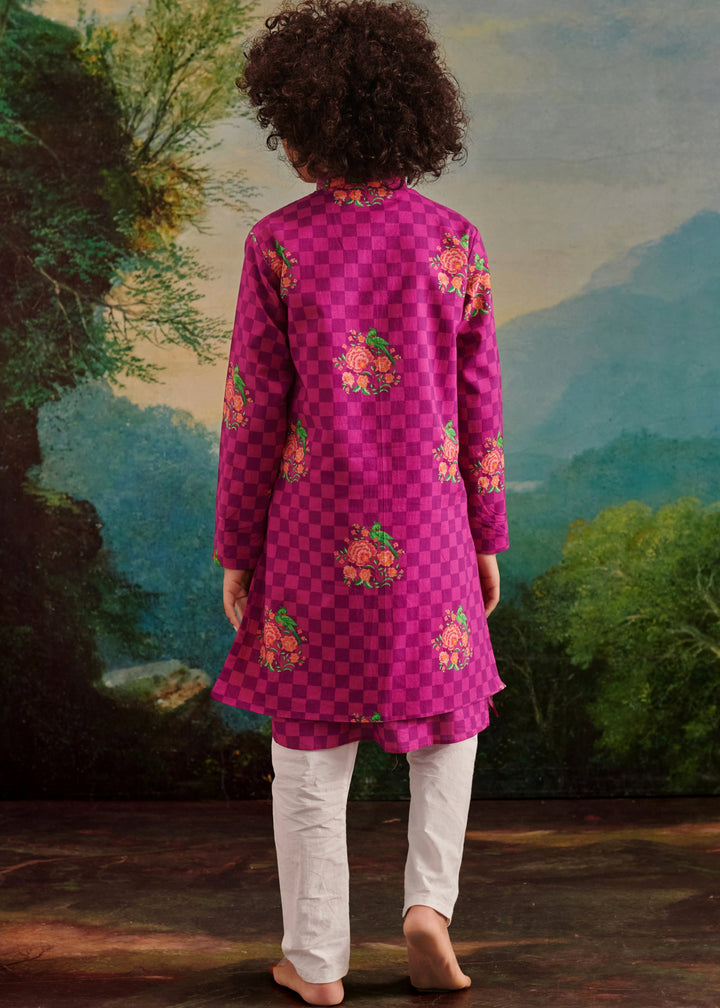 Purple Floral Check Parrot Printed Kurta Jacket With Pyjama Set