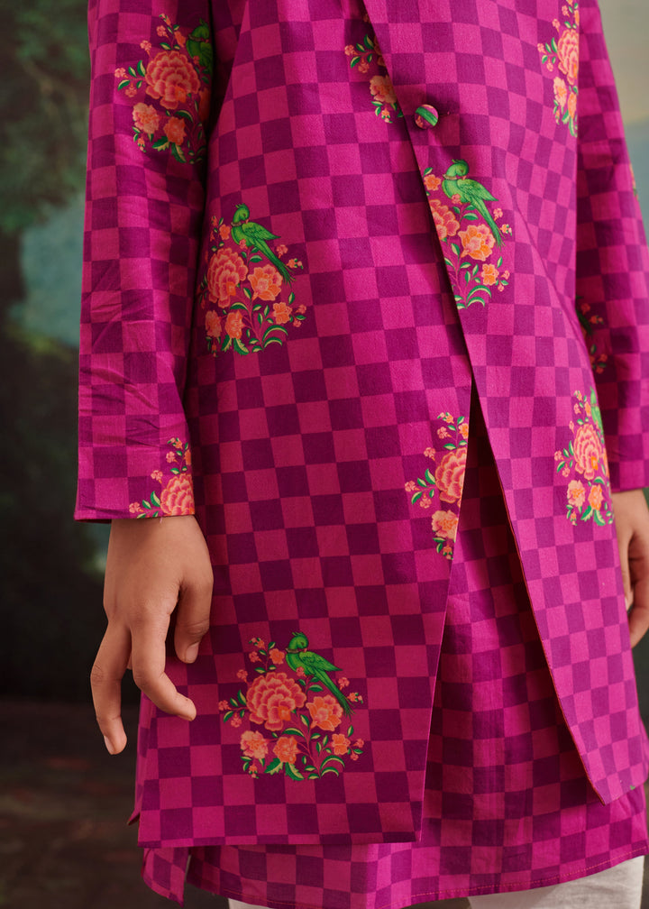 Purple Floral Check Parrot Printed Kurta Jacket With Pyjama Set
