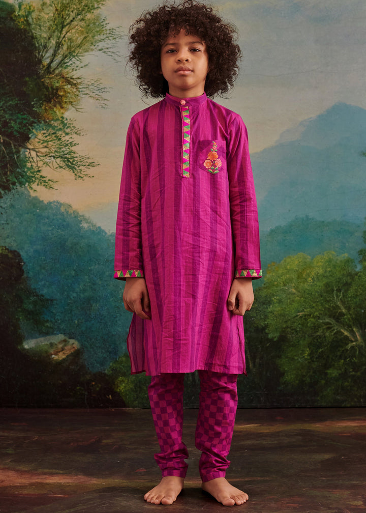 Purple Stripes Printed Cotton Kurta With Churidar Set
