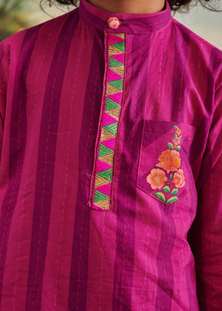 Purple Stripes Printed Cotton Kurta With Churidar Set