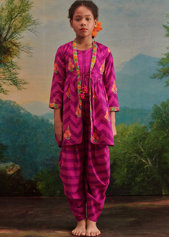 Purple Cotton Check Printed Top Jacket With Cowl Dhoti Set