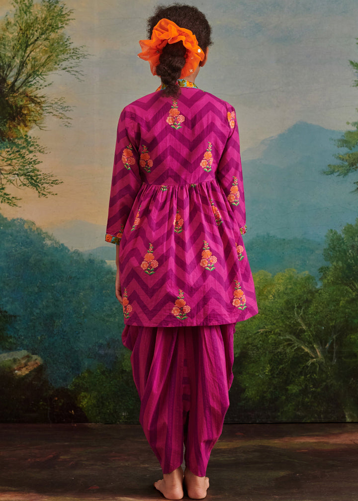 Purple Cotton Check Printed Top Jacket With Cowl Dhoti Set