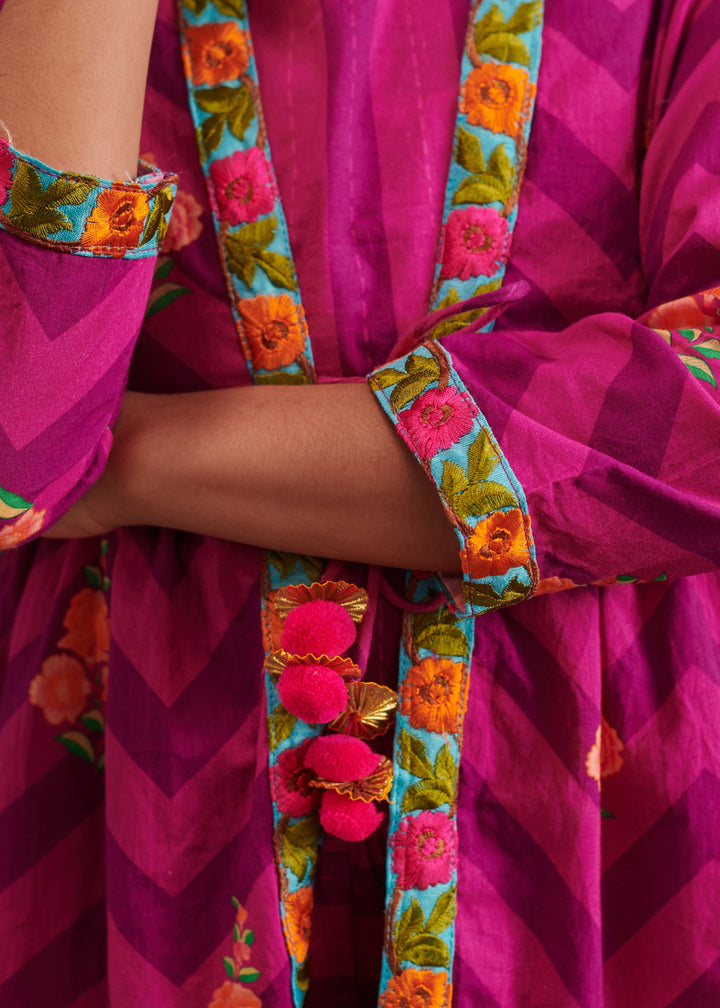 Purple Cotton Check Printed Top Jacket With Cowl Dhoti Set