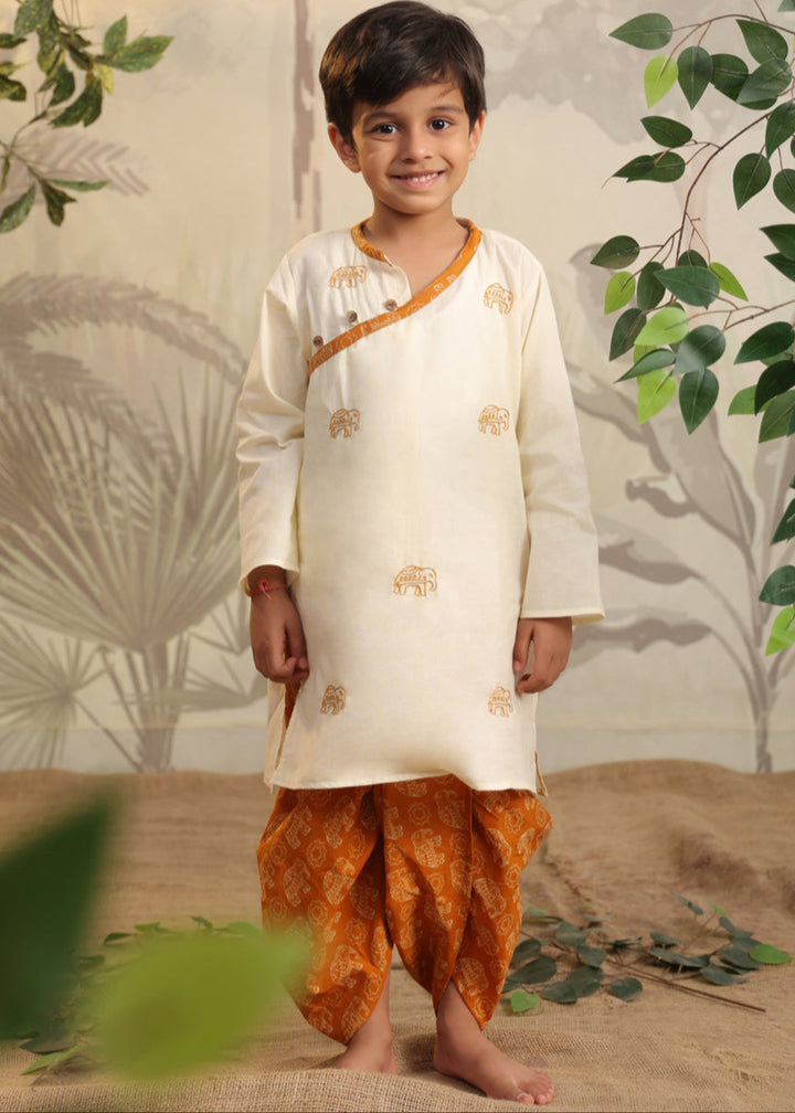 Beige Cotton Hand Embroidered Elephant Kurta Dhoti Set
