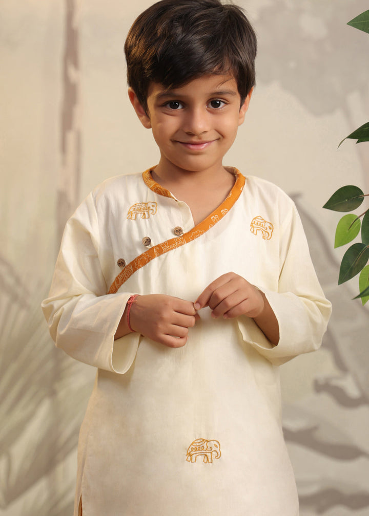 Beige Cotton Hand Embroidered Elephant Kurta Dhoti Set
