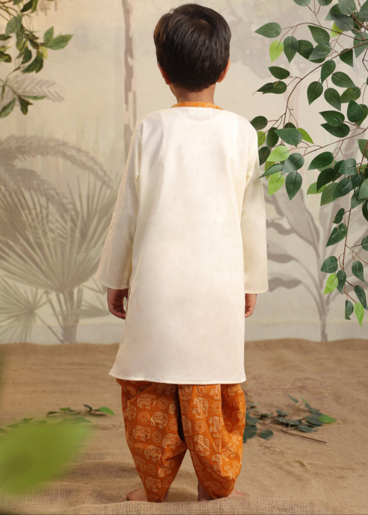 Beige Cotton Hand Embroidered Elephant Kurta Dhoti Set