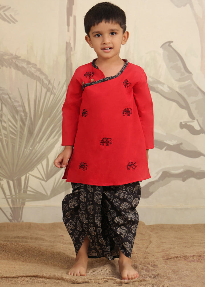 Red Cotton Hand Embroidered Elephant Kurta Dhoti Set