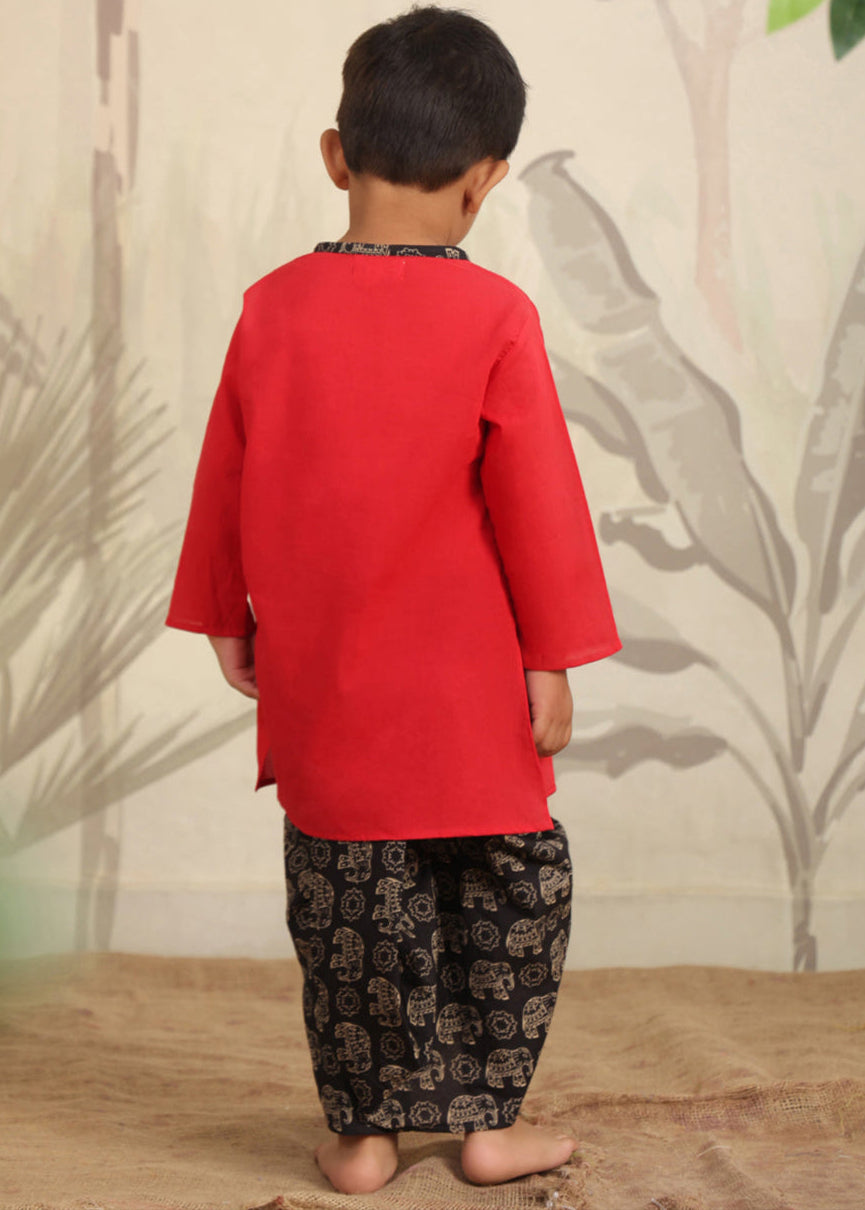 Red Cotton Hand Embroidered Elephant Kurta Dhoti Set
