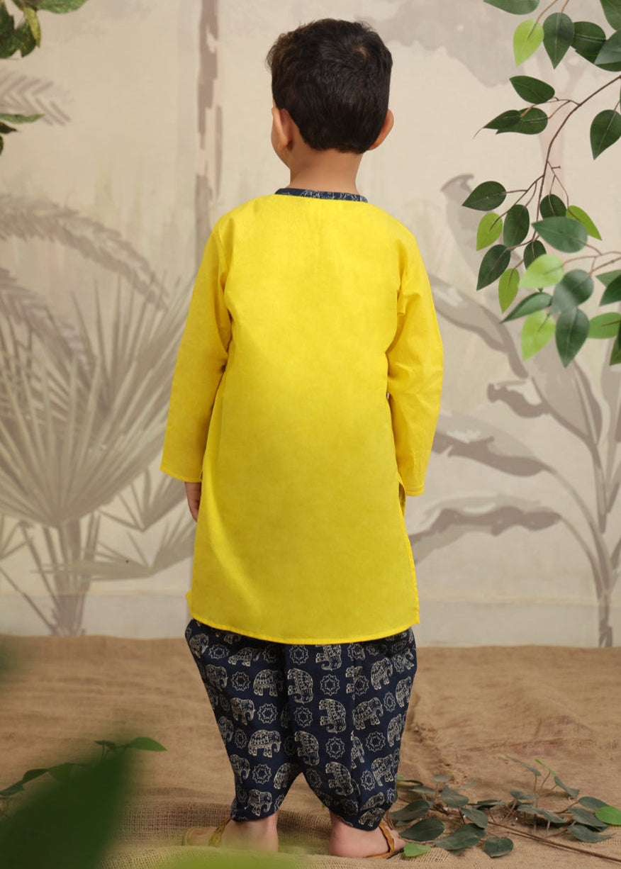Yellow Cotton Hand Embroidered Elephant Kurta Dhoti Set