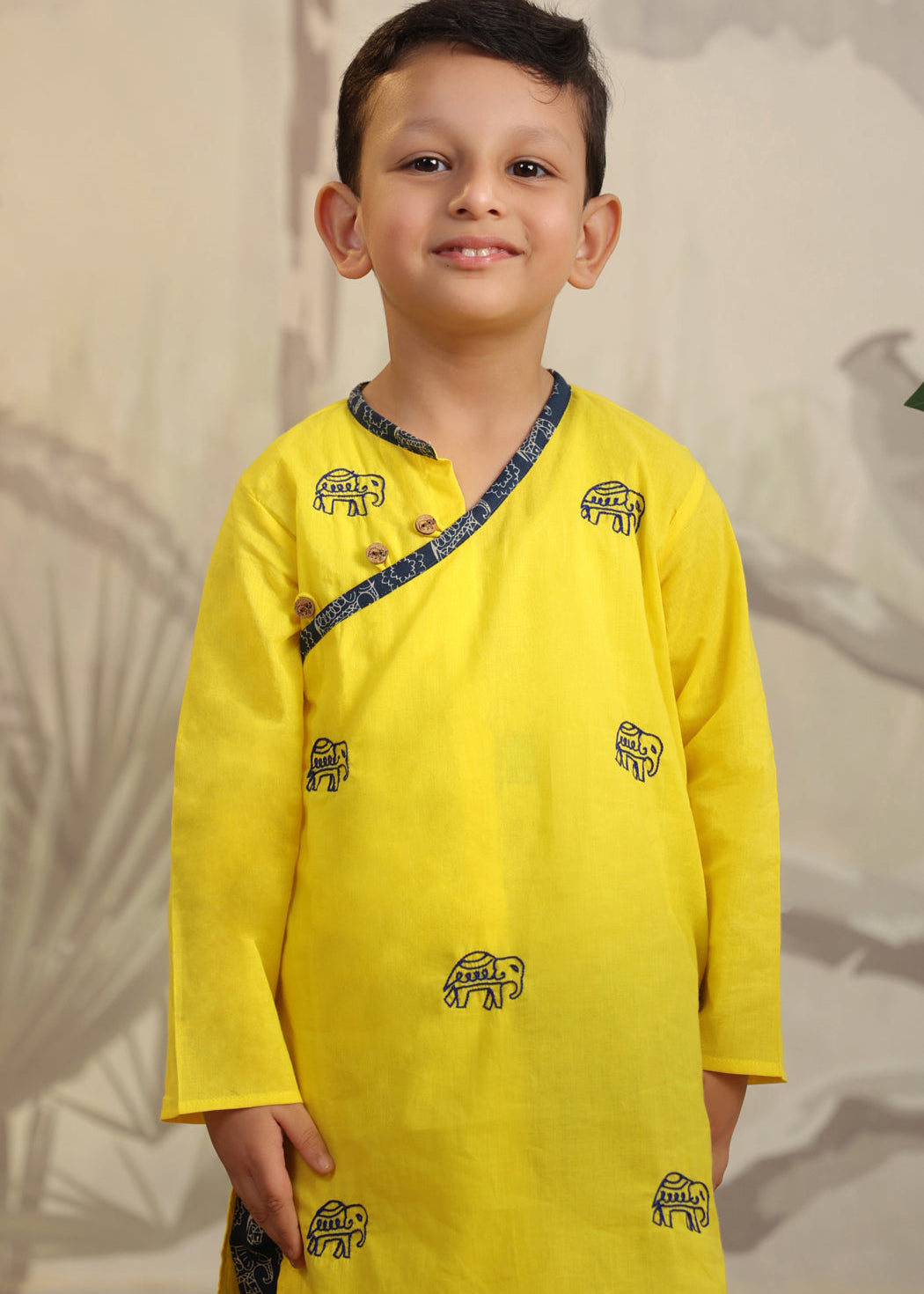 Yellow Cotton Hand Embroidered Elephant Kurta Dhoti Set
