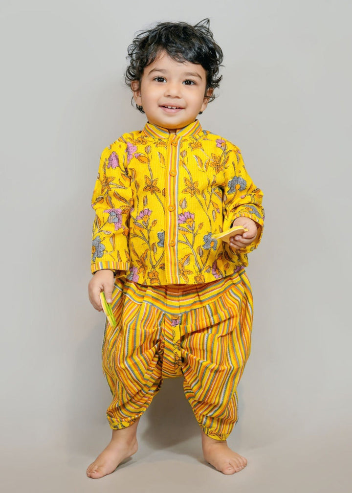 Yellow Floral Printed Kurta With Dhoti Pant Set