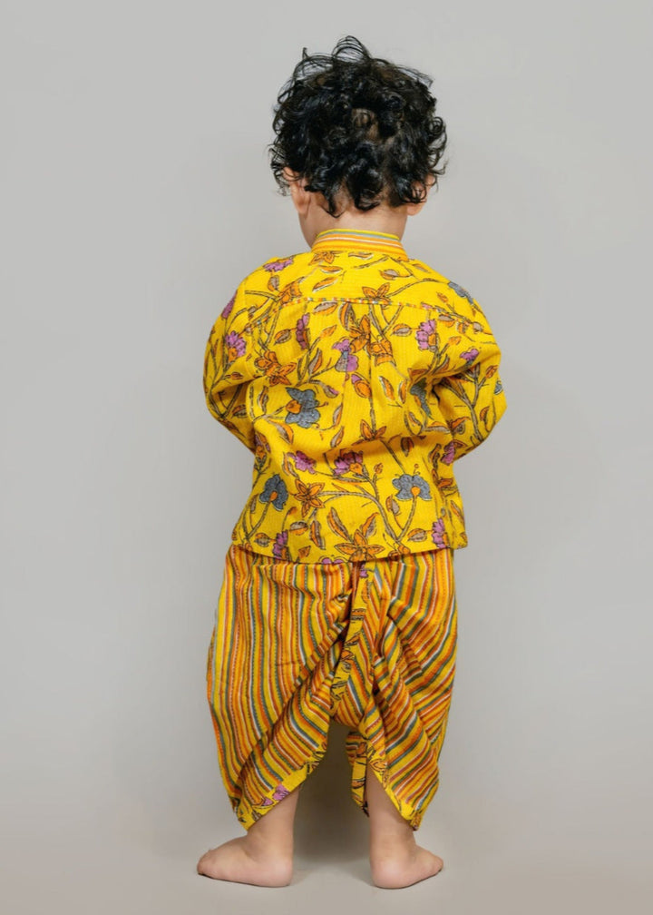 Yellow Floral Printed Kurta With Dhoti Pant Set