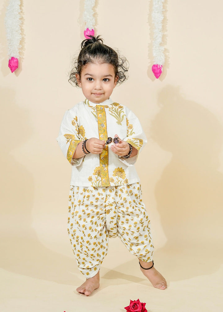 Mustard Floral Printed Kurta With Dhoti Set