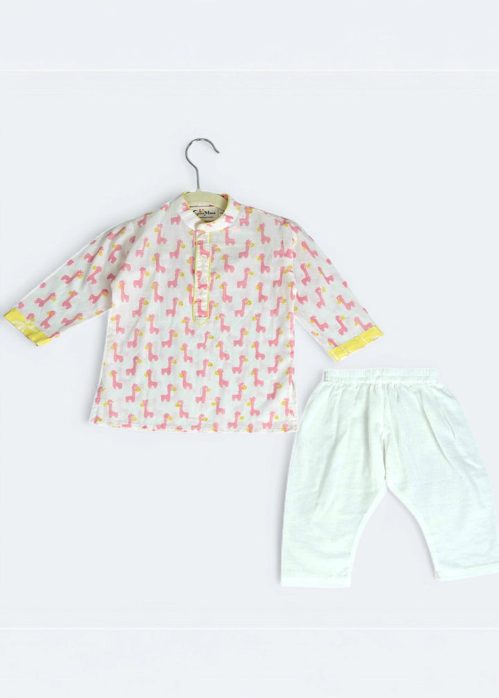 Off White Hand Block Animal Printed Kurta With Pyjama Set