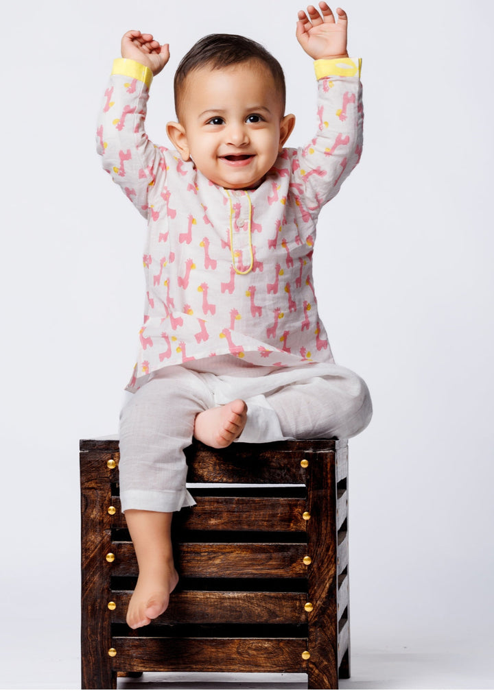Off White Hand Block Animal Printed Kurta With Pyjama Set