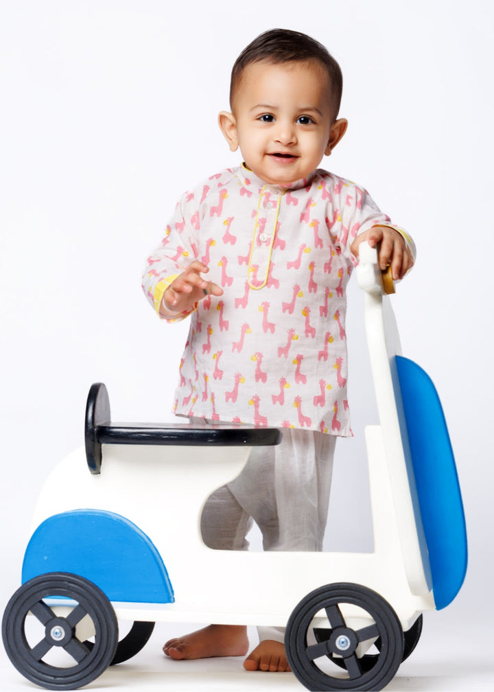 Off White Hand Block Animal Printed Kurta With Pyjama Set