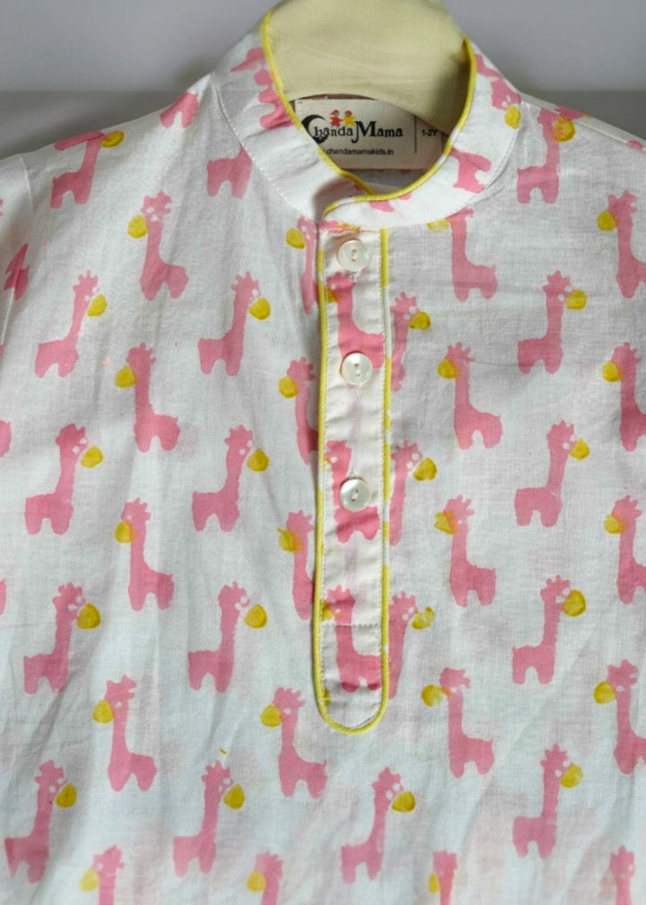 Off White Hand Block Animal Printed Kurta With Pyjama Set