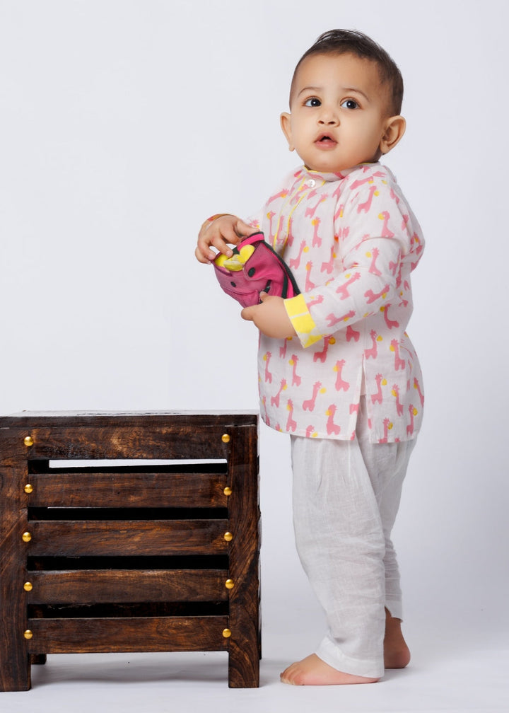 Off White Hand Block Animal Printed Kurta With Pyjama Set