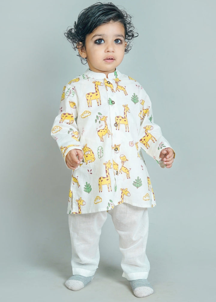 Off White Animal Printed Kurta With Pyjama Set