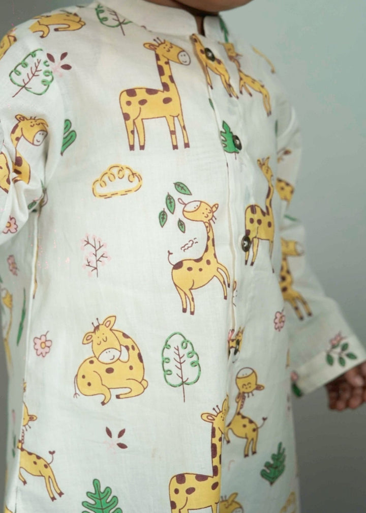 Off White Animal Printed Kurta With Pyjama Set