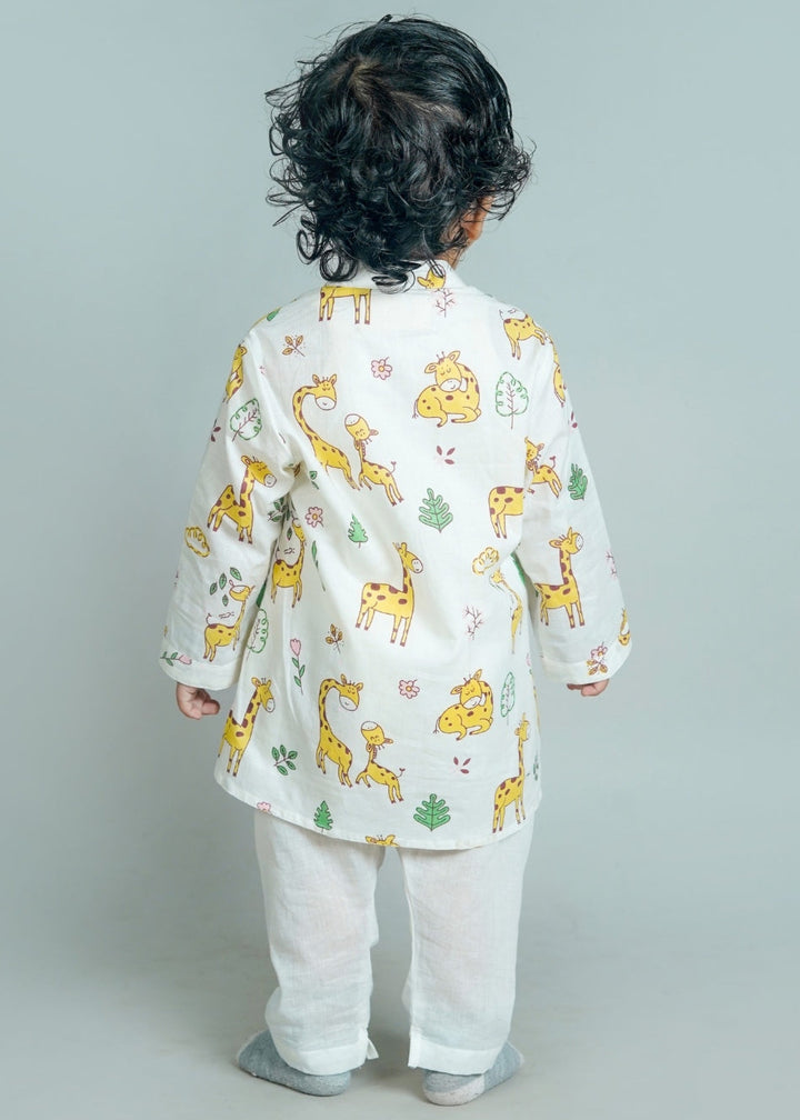 Off White Animal Printed Kurta With Pyjama Set